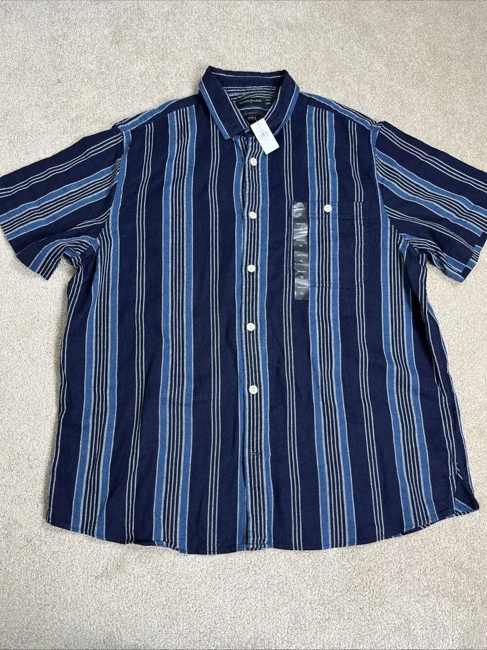 NWT Banana Republic cotton indigo navy stripe shirt thick open weave‎ Sz XL